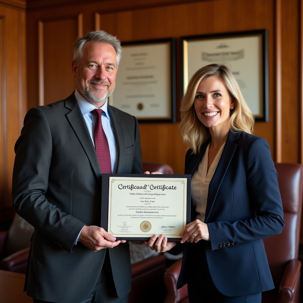 Professional instructor presenting DC-3 training certificate to employee in formal office setting