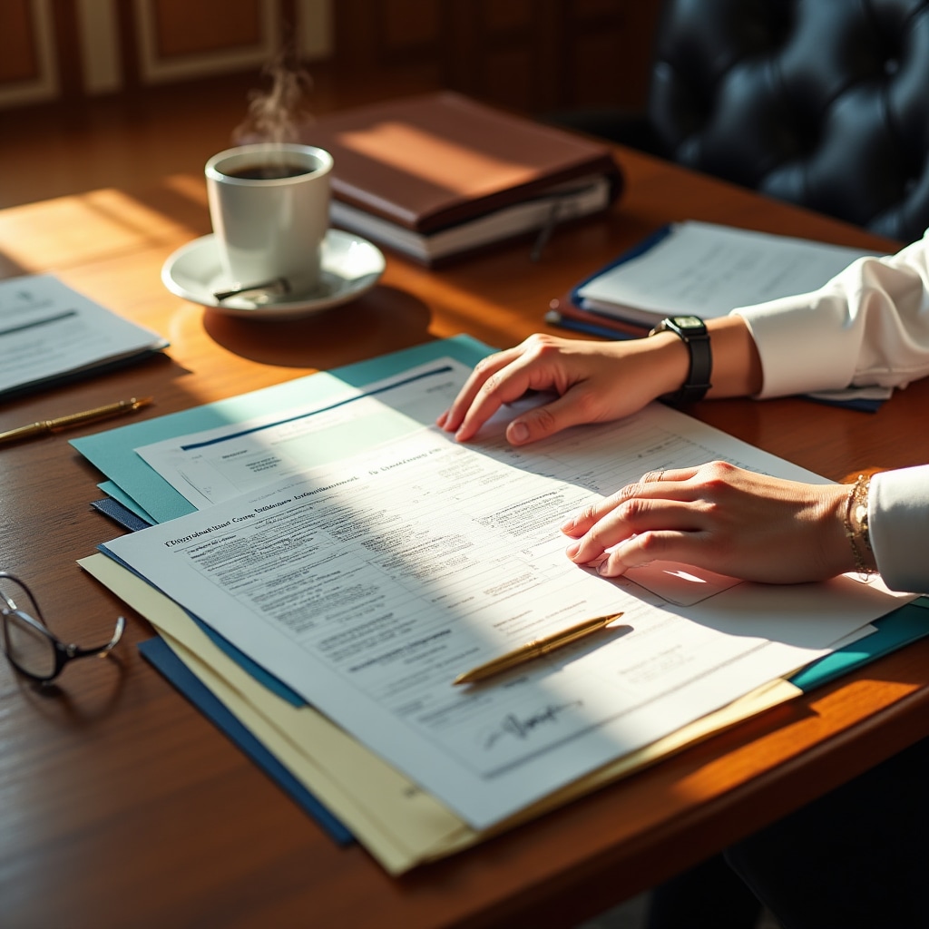 HR professional reviewing training documentation and certificates at organized desk