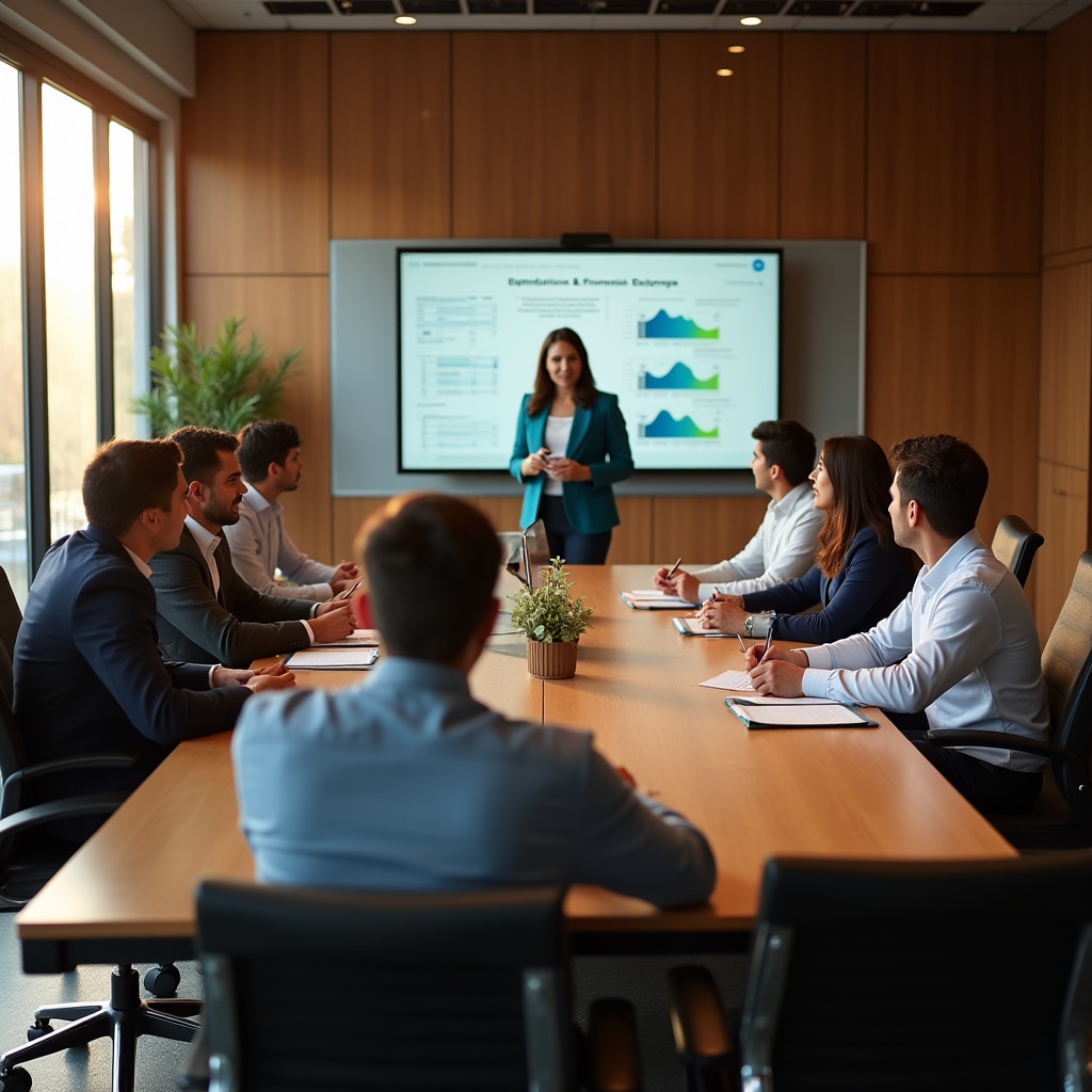 Financial education training session with diverse group of workers in modern corporate environment