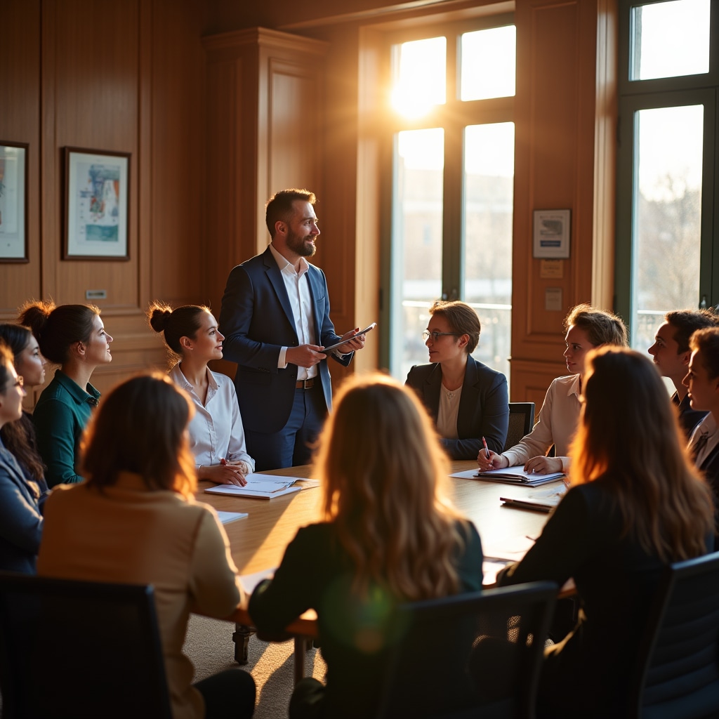 Interactive financial education workshop with engaged participants in professional training room
