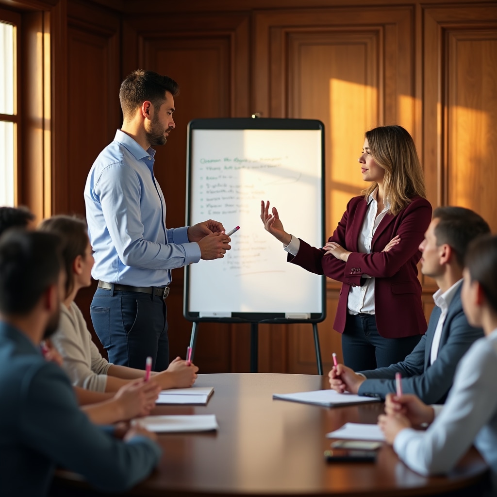 Engaged employees participating in interactive financial literacy workshop with instructor using visual aids