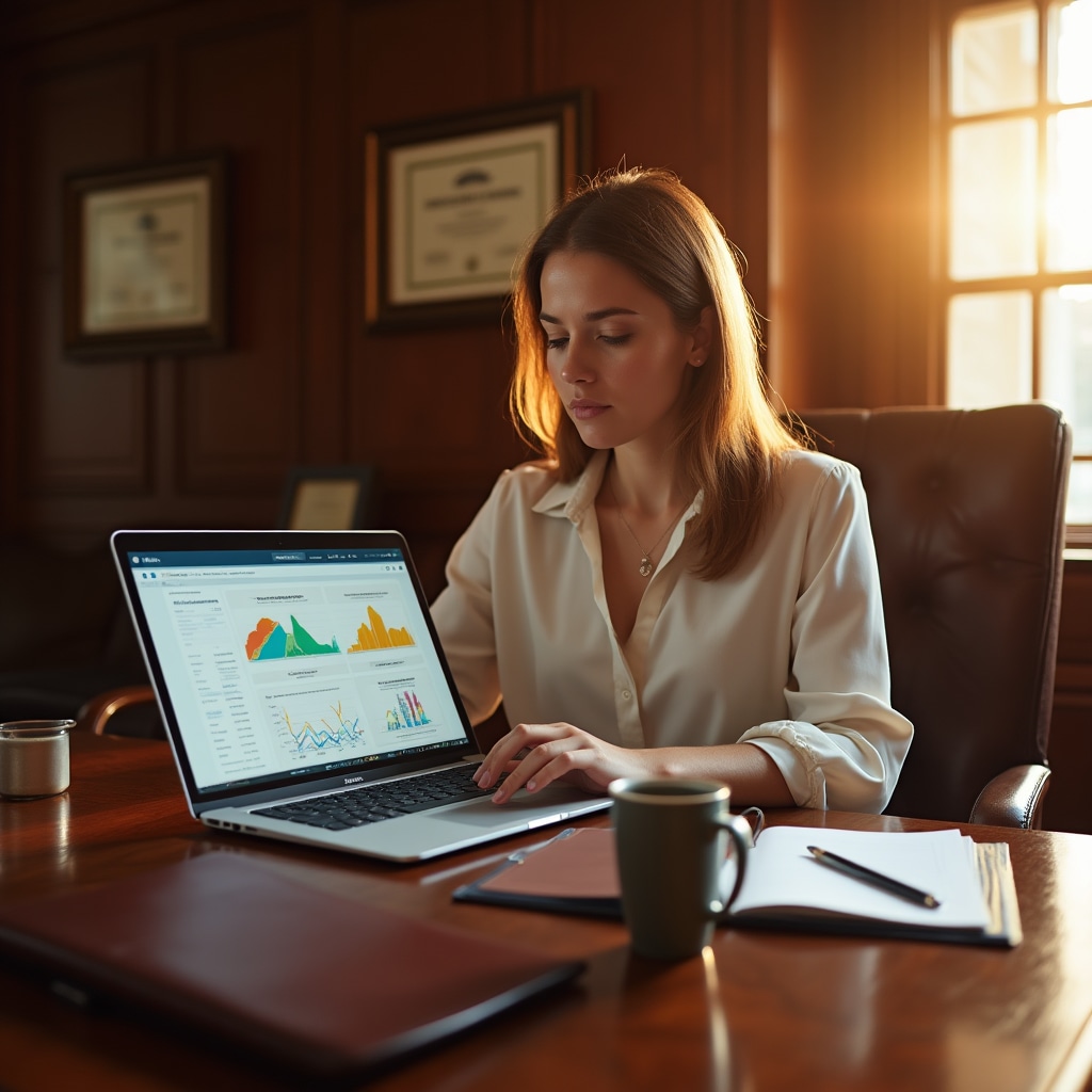 Professional using laptop for online financial education course in modern office