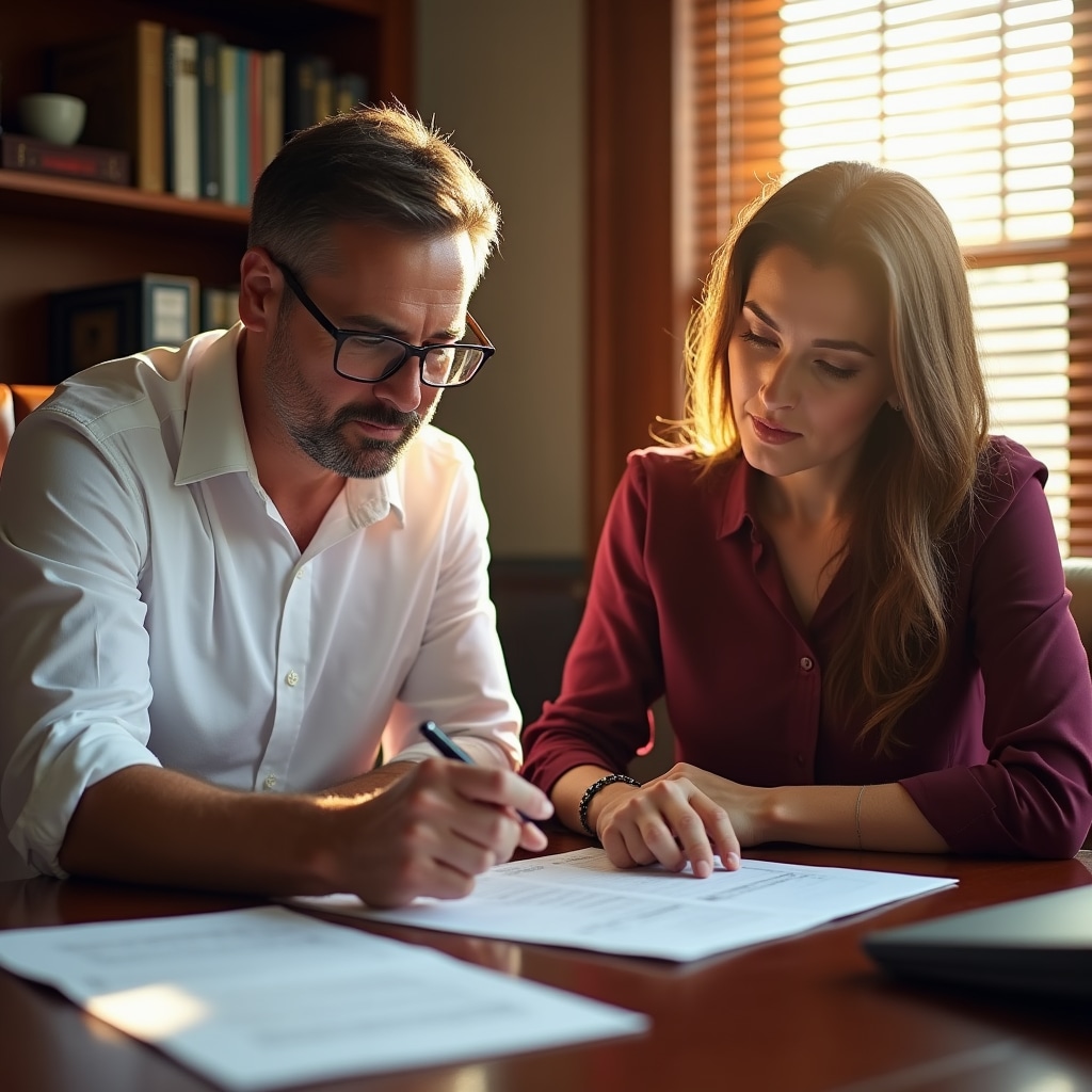 Financial consultant reviewing payroll documents with employee in professional office setting