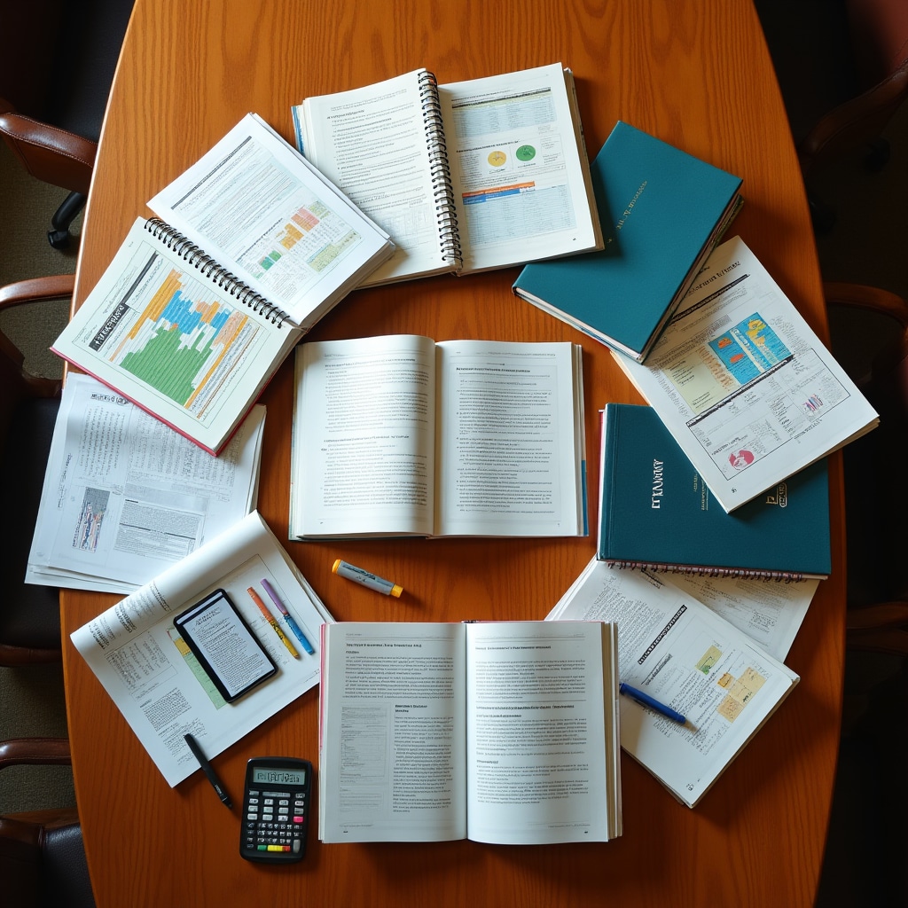 Comprehensive financial education training materials including workbooks, guides and reference sheets spread on professional desk